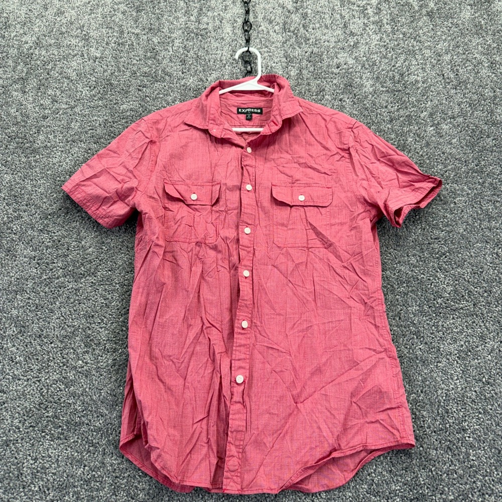 Express Button Up Mens M Red Pink Casual Short Sleeve